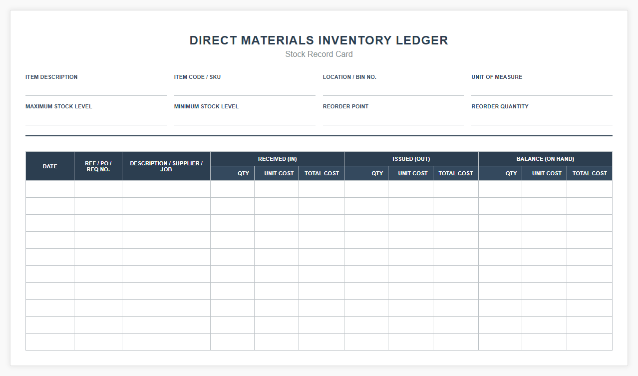 Direct Materials Inventory Ledger Spreadsheet