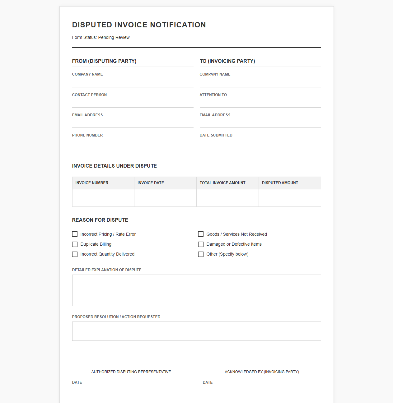 Disputed Invoice Notification and Review Template