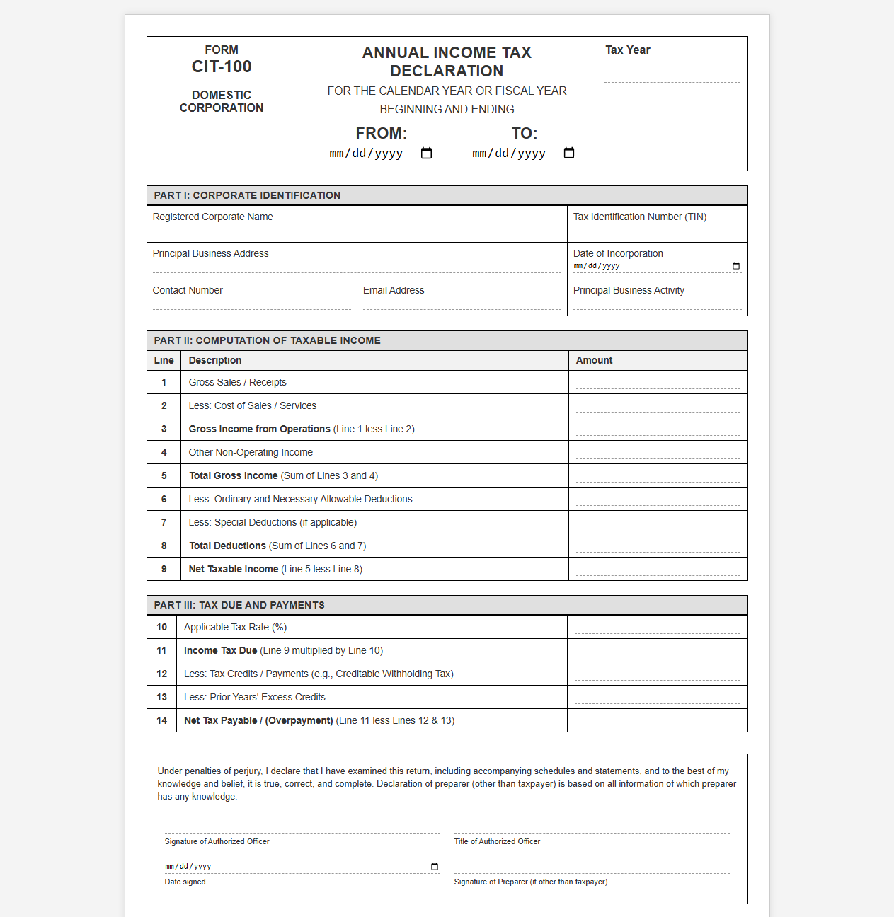 Domestic Corporation Income Tax Declaration Template
