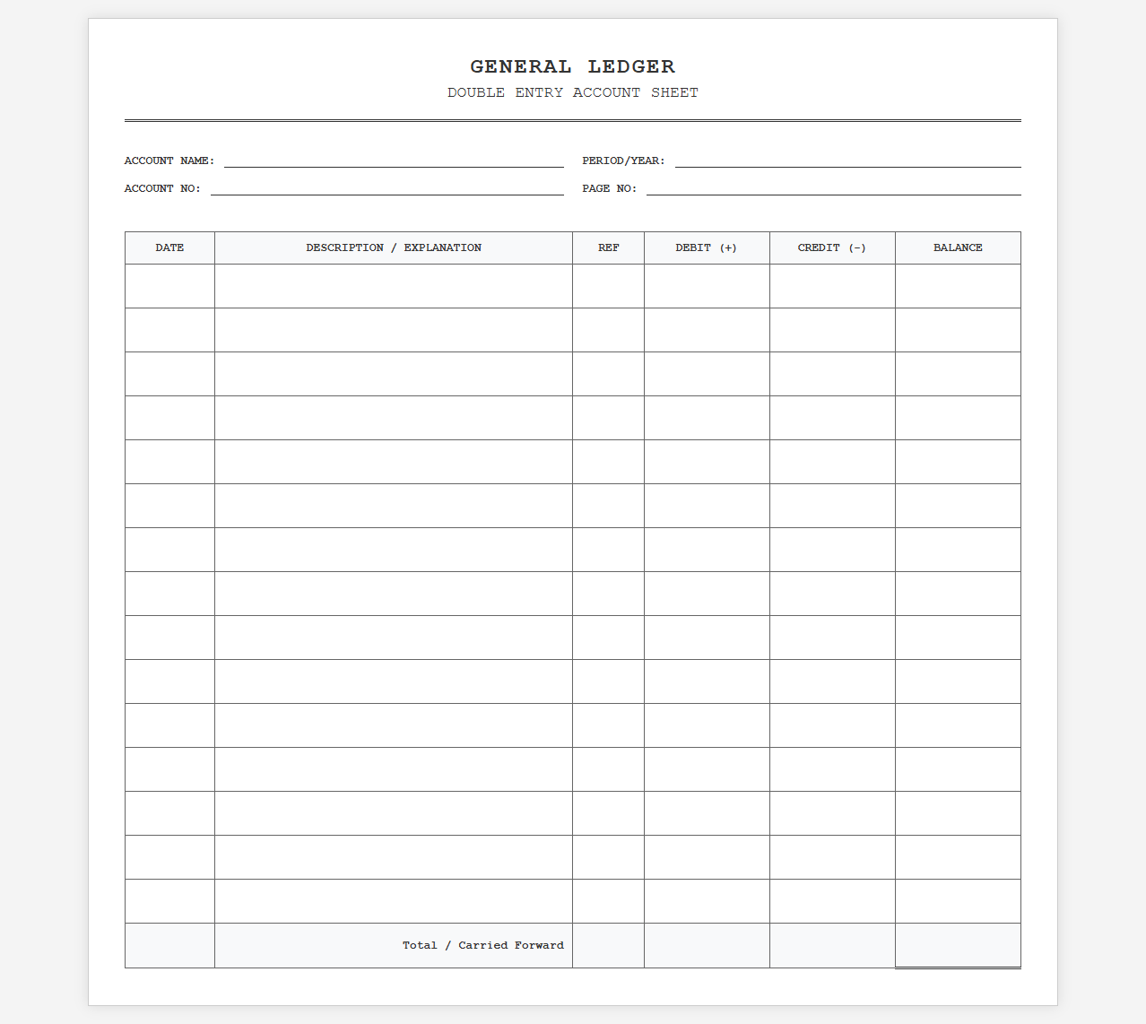 Double Entry General Ledger Accounting Sheet