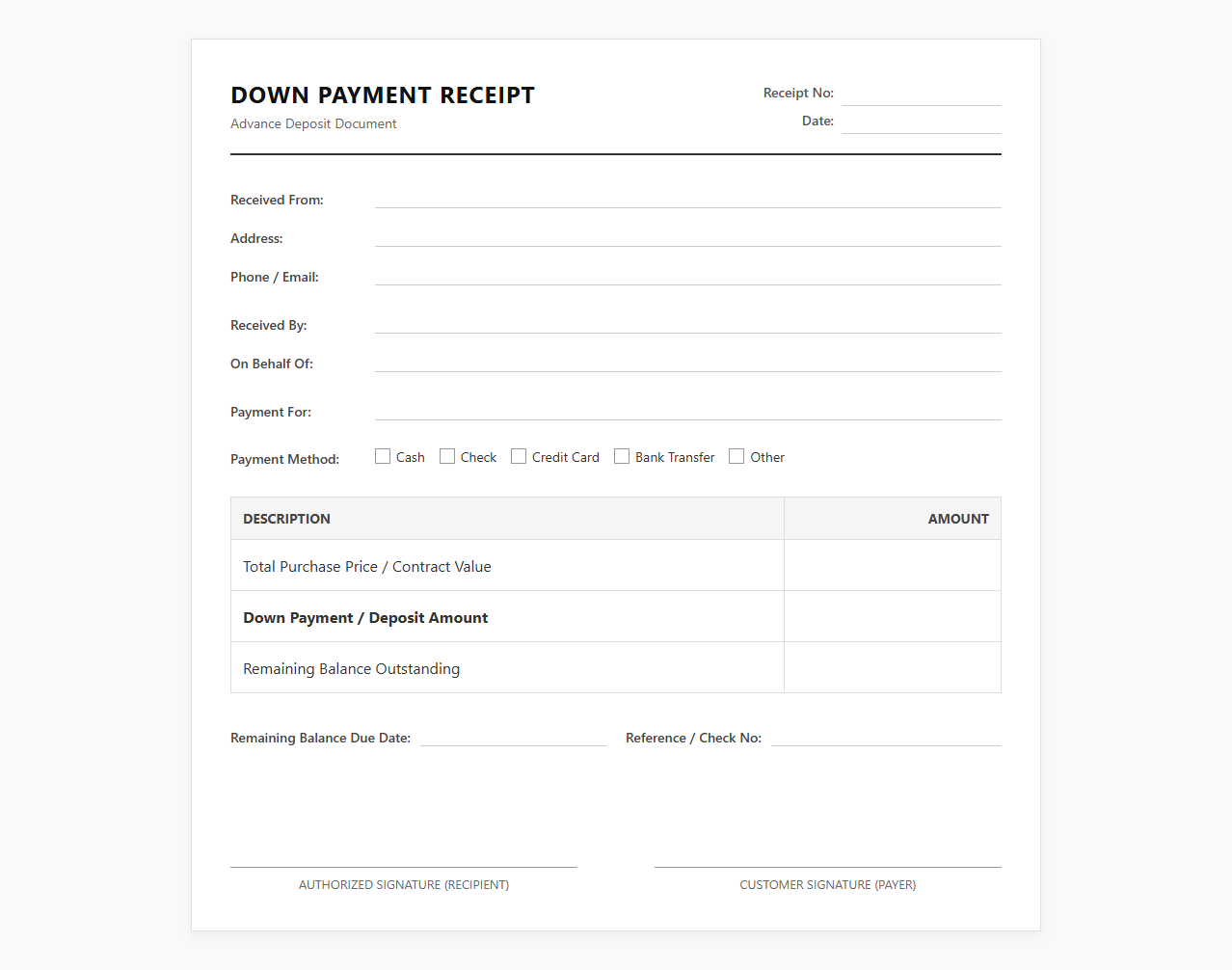 Down Payment Receipt Template