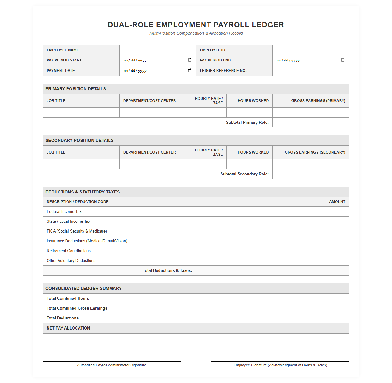 Dual-Role Employment Payroll Ledger Template