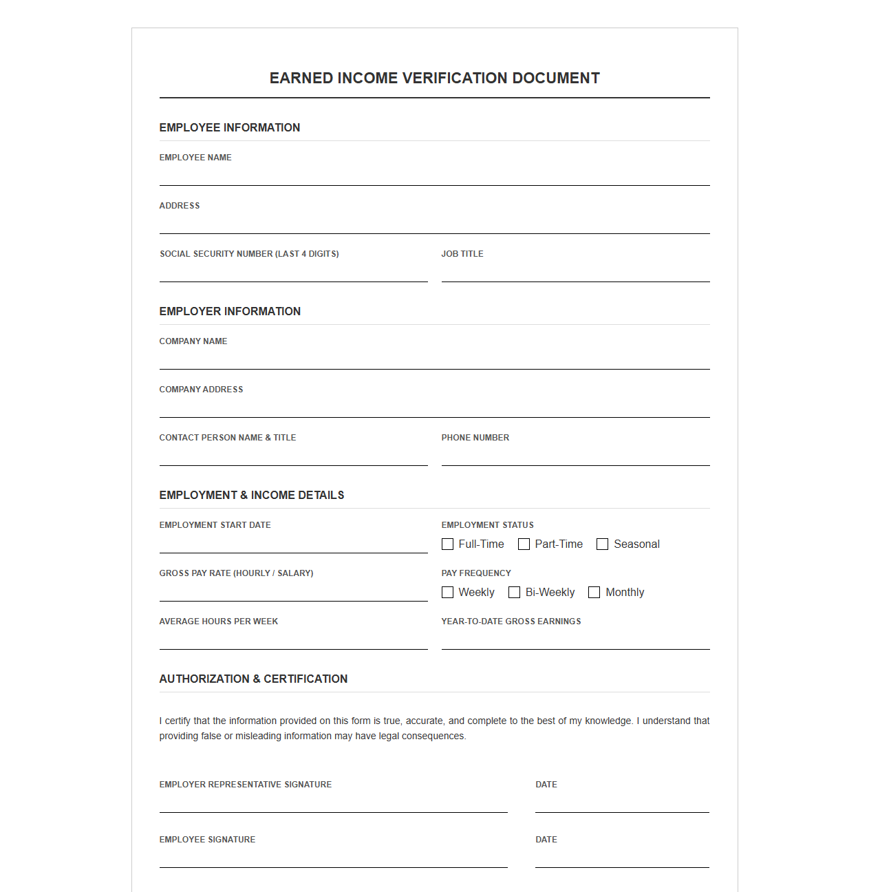 Earned Income Verification Document