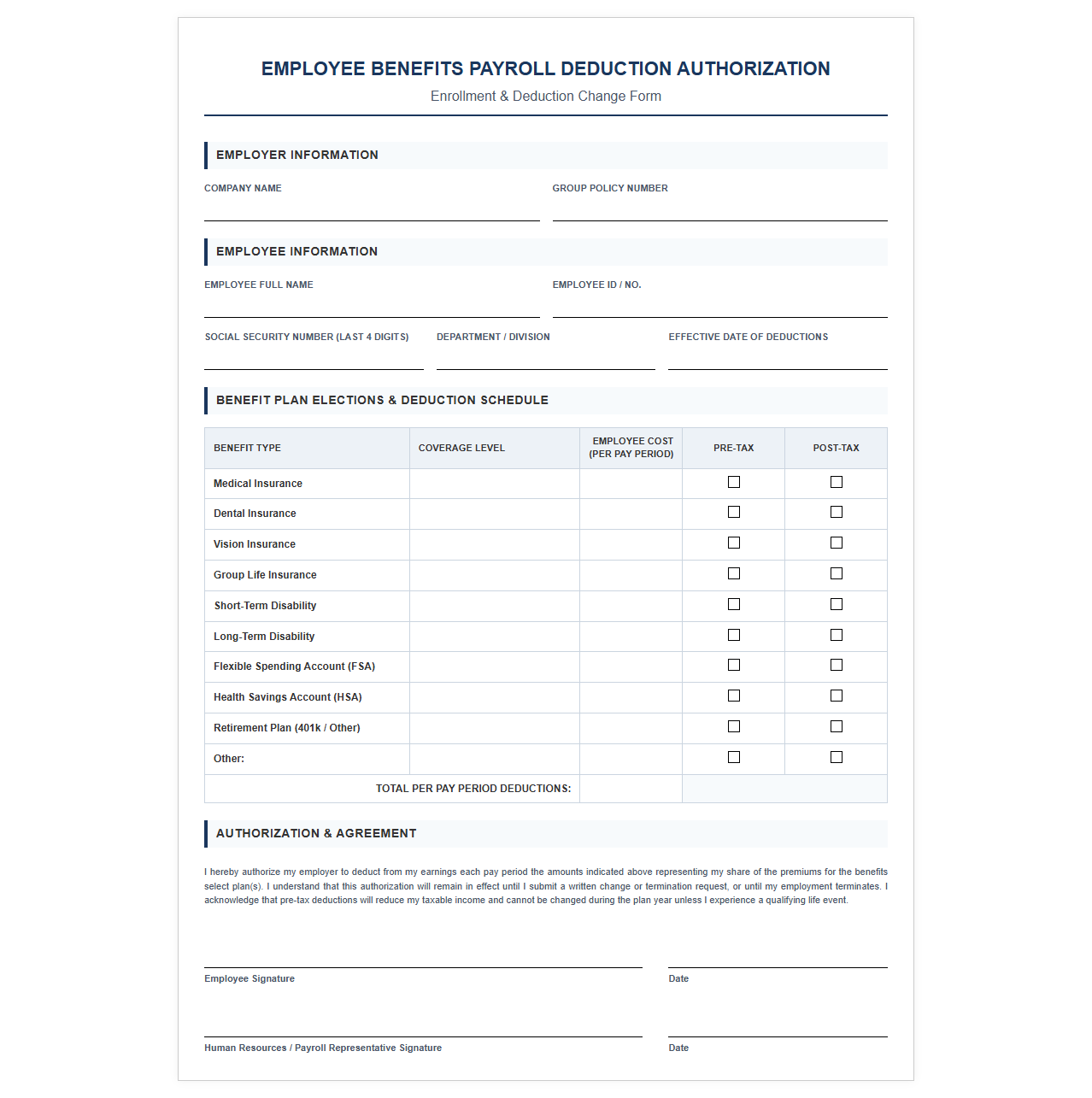 Employee Benefits Payroll Deduction Authorization Sheet