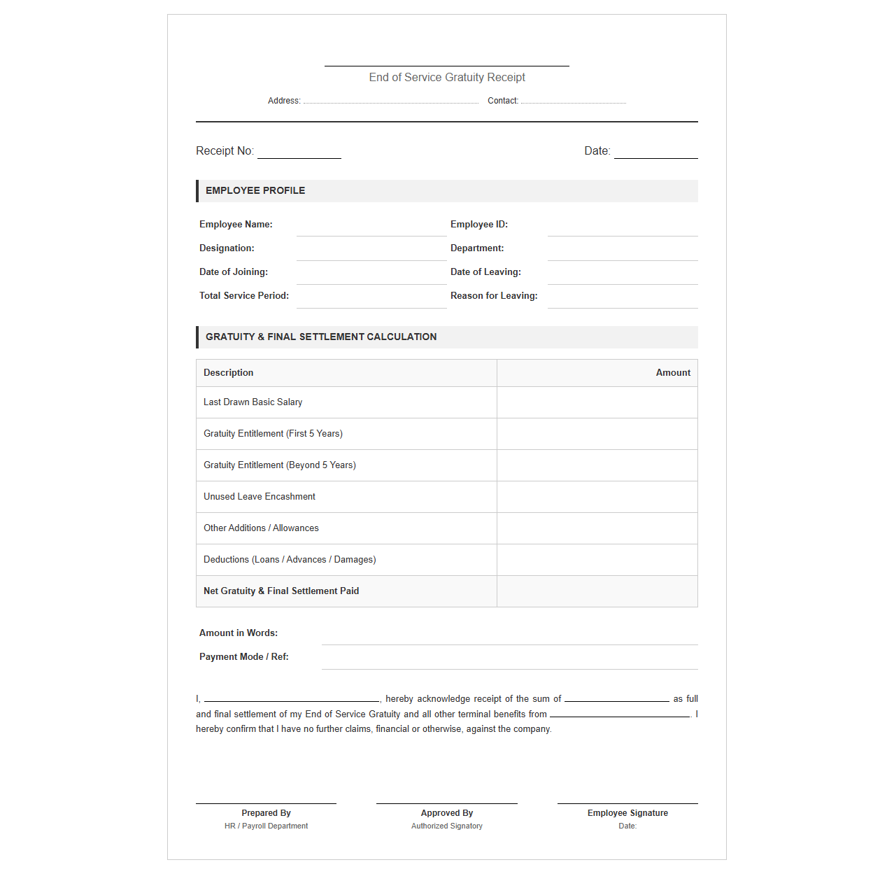 Employee End of Service Gratuity Receipt
