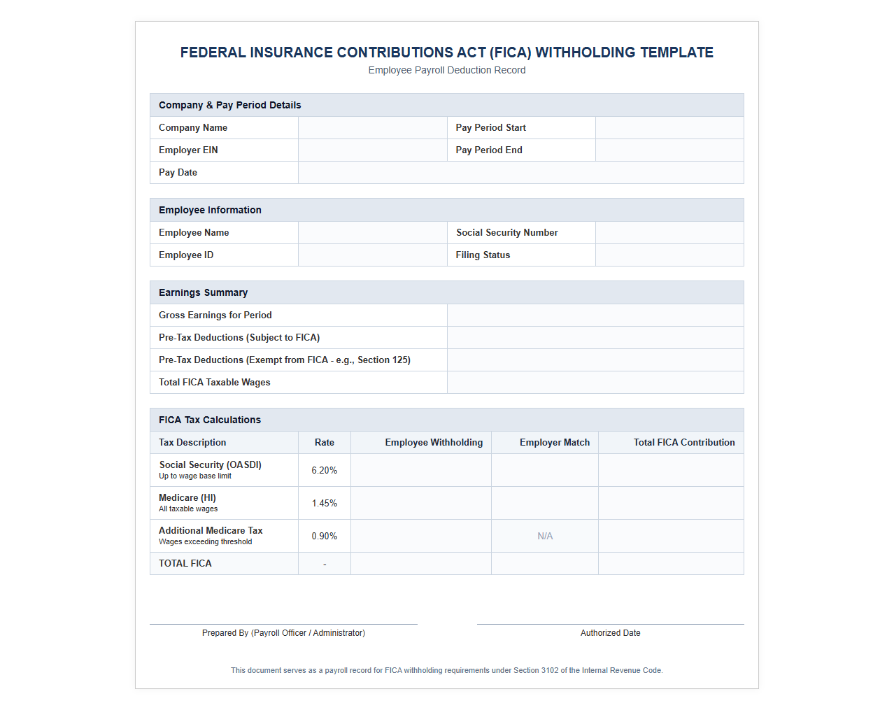 Employee FICA Tax Deduction Payroll Template