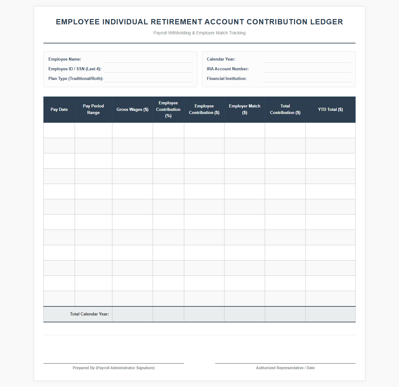 Employee Individual Retirement Account Contribution Ledger