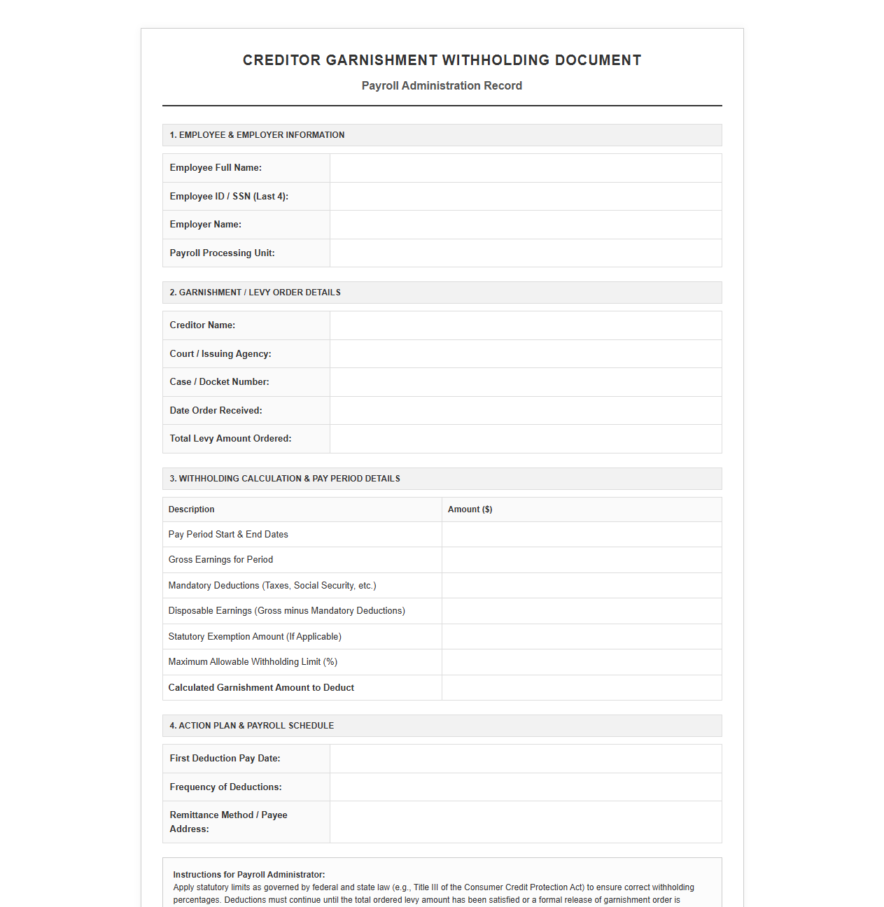 Employee Payroll Creditor Levy Withholding Document
