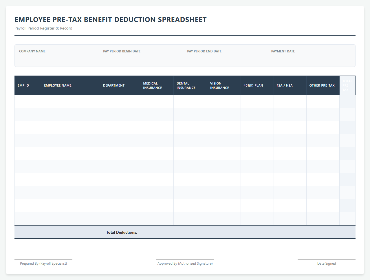 Employee Pre-Tax Benefit Deduction Spreadsheet
