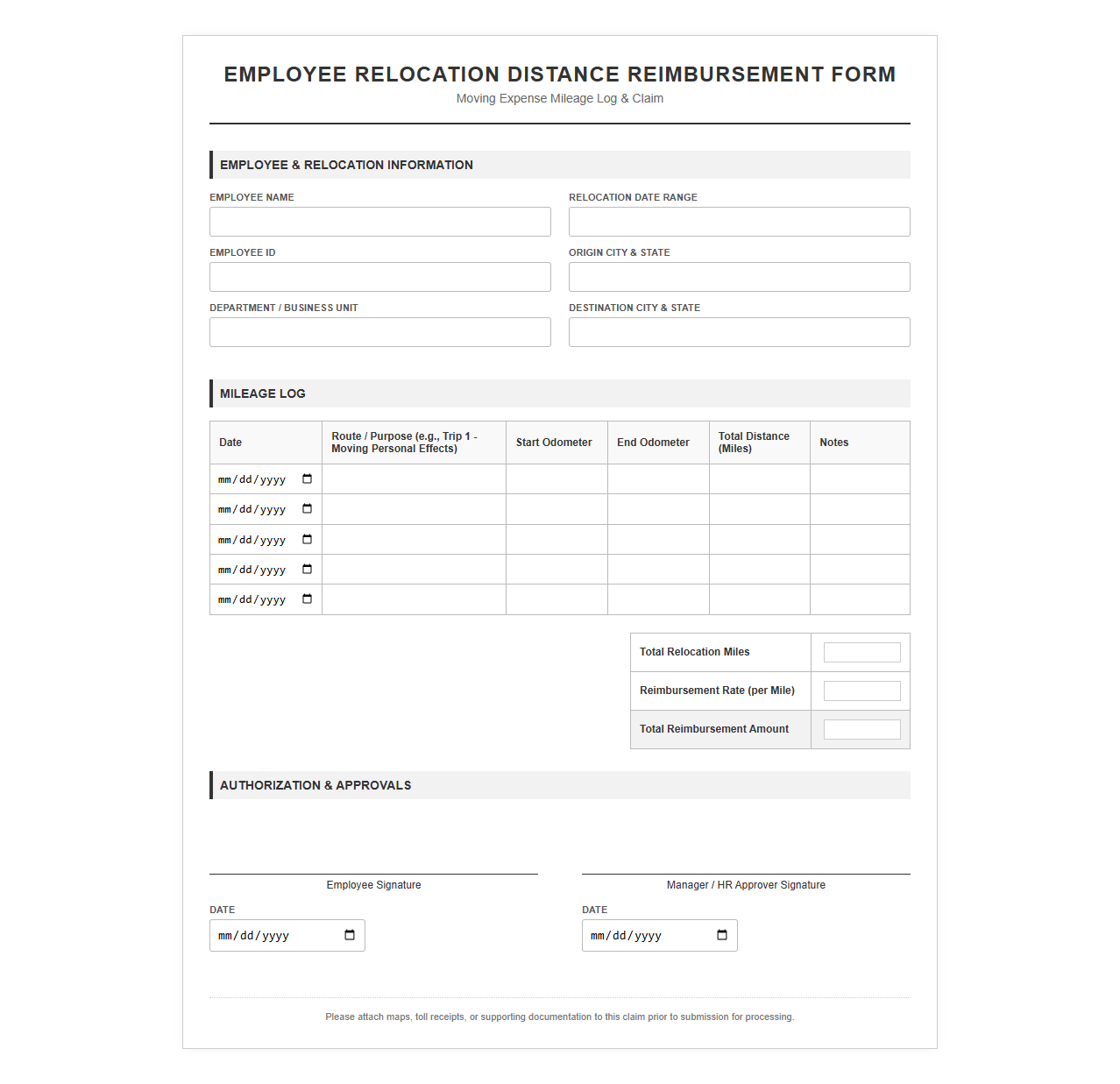 Employee Relocation Distance Reimbursement Form
