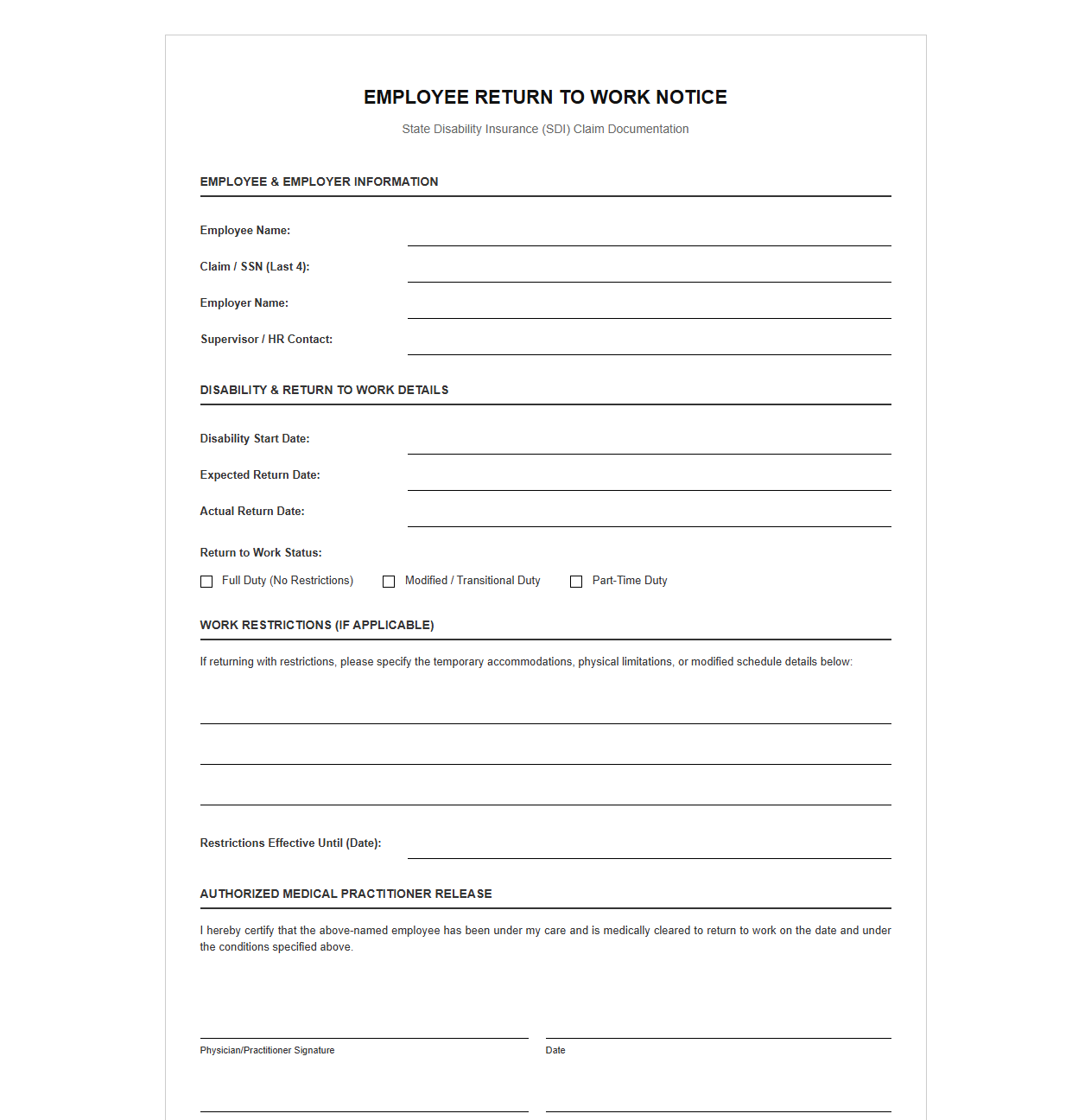 Employee Return to Work Notice for SDI