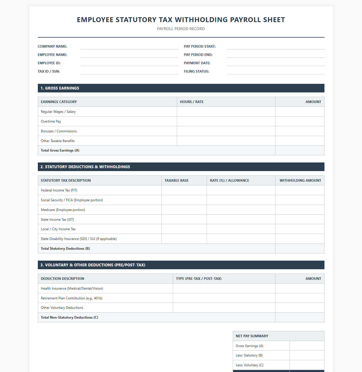 Employee Statutory Tax Withholding Payroll Sheet