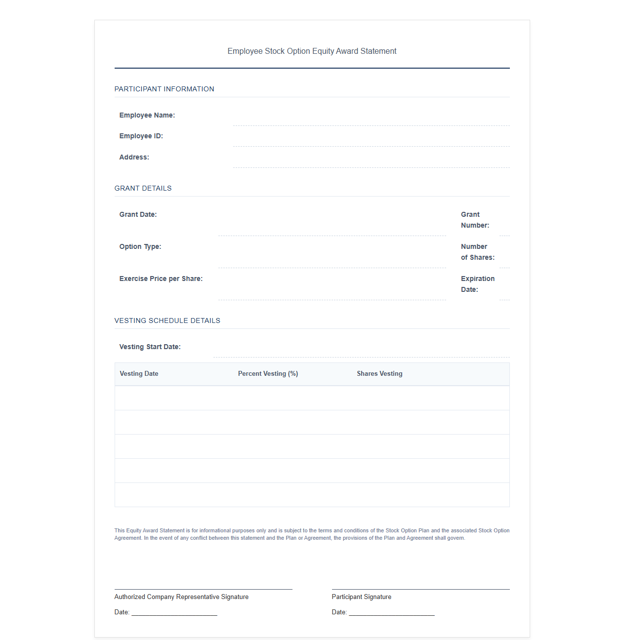 Employee Stock Option Equity Award Statement