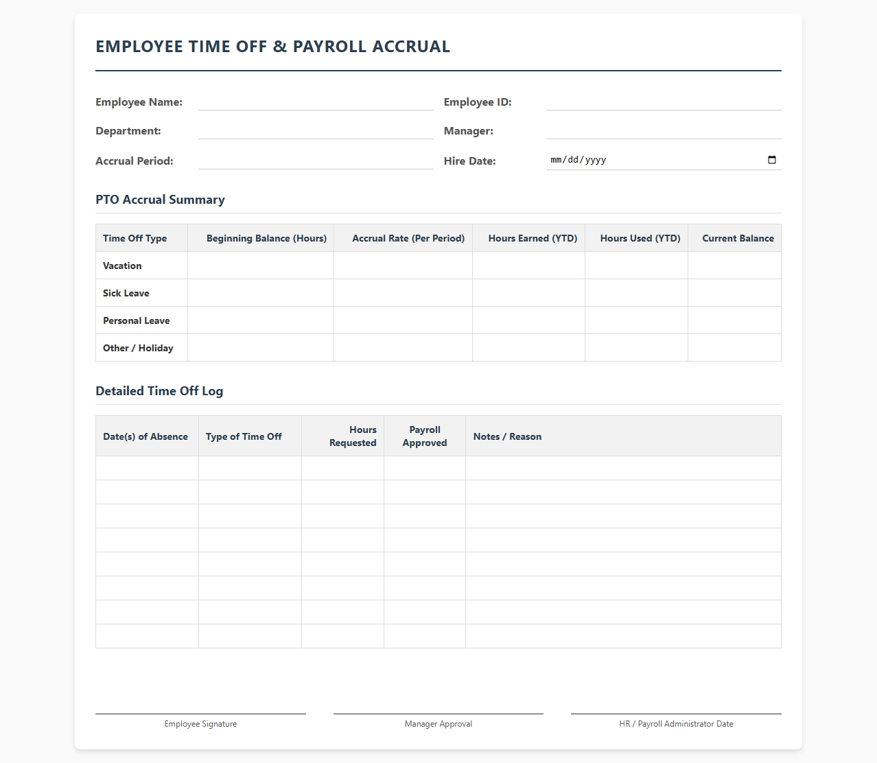 Employee Time Off and Payroll Accrual Template