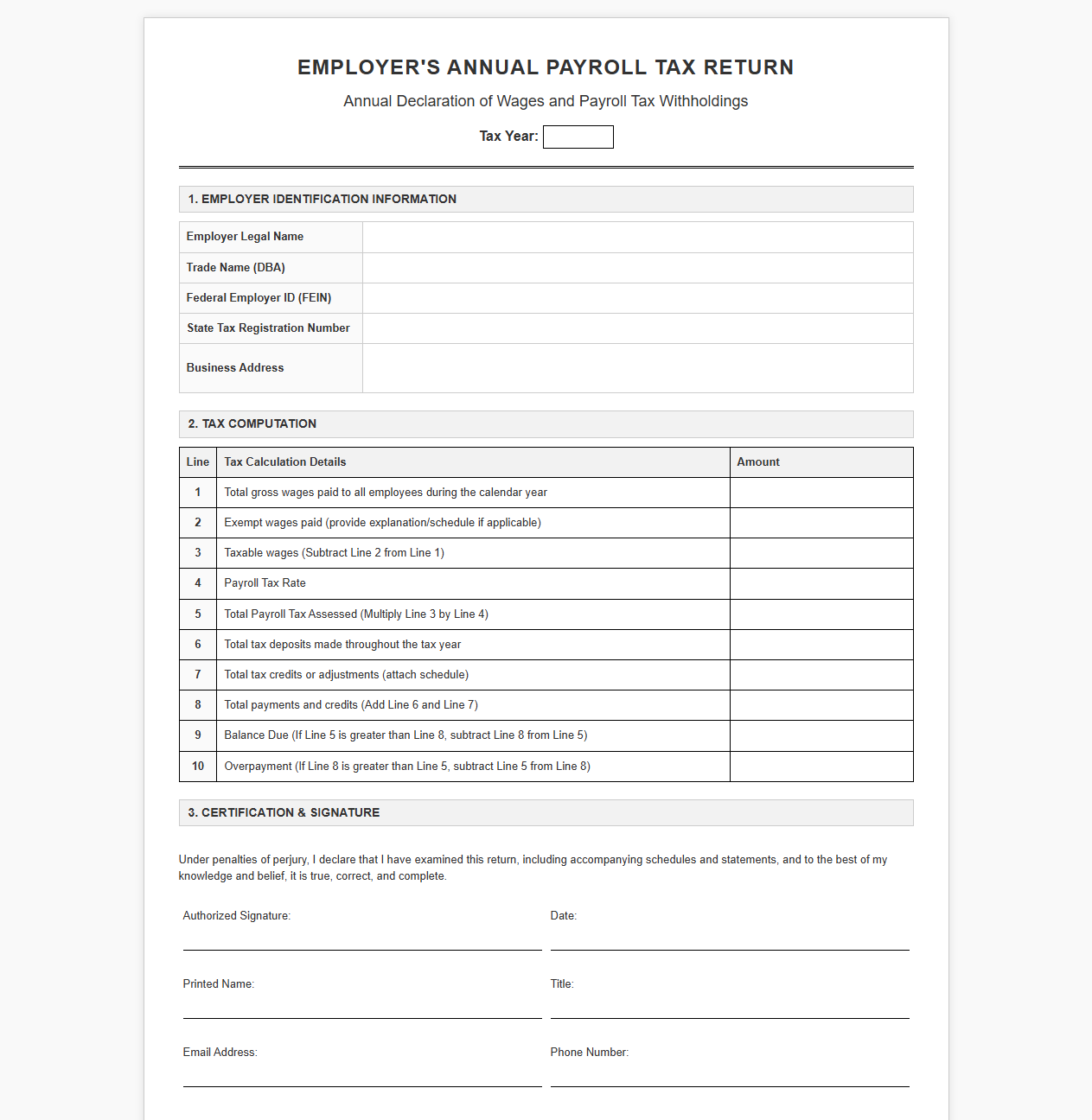 Employer Annual Payroll Tax Declaration Template