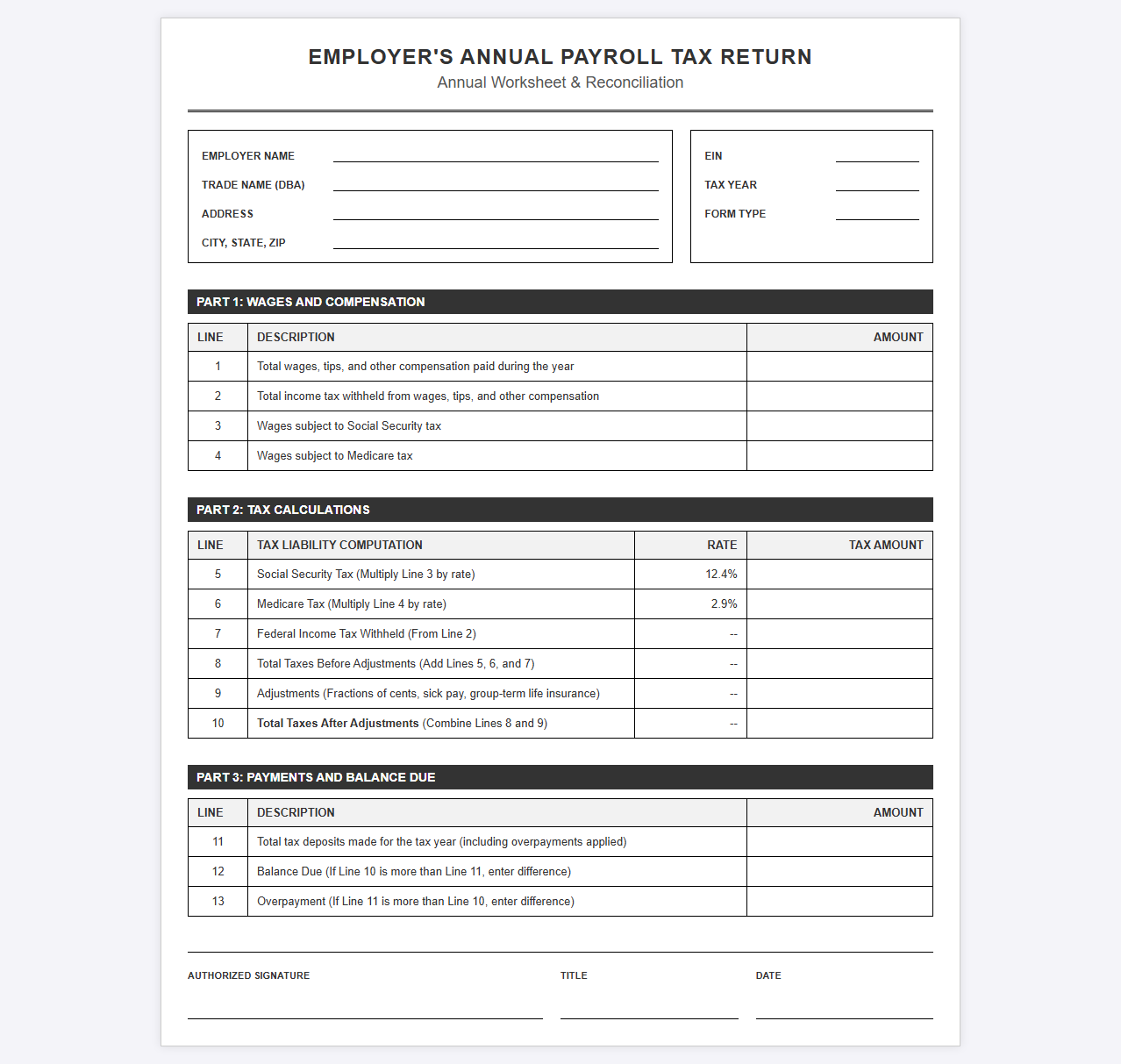 Employer Annual Payroll Tax Return Worksheet