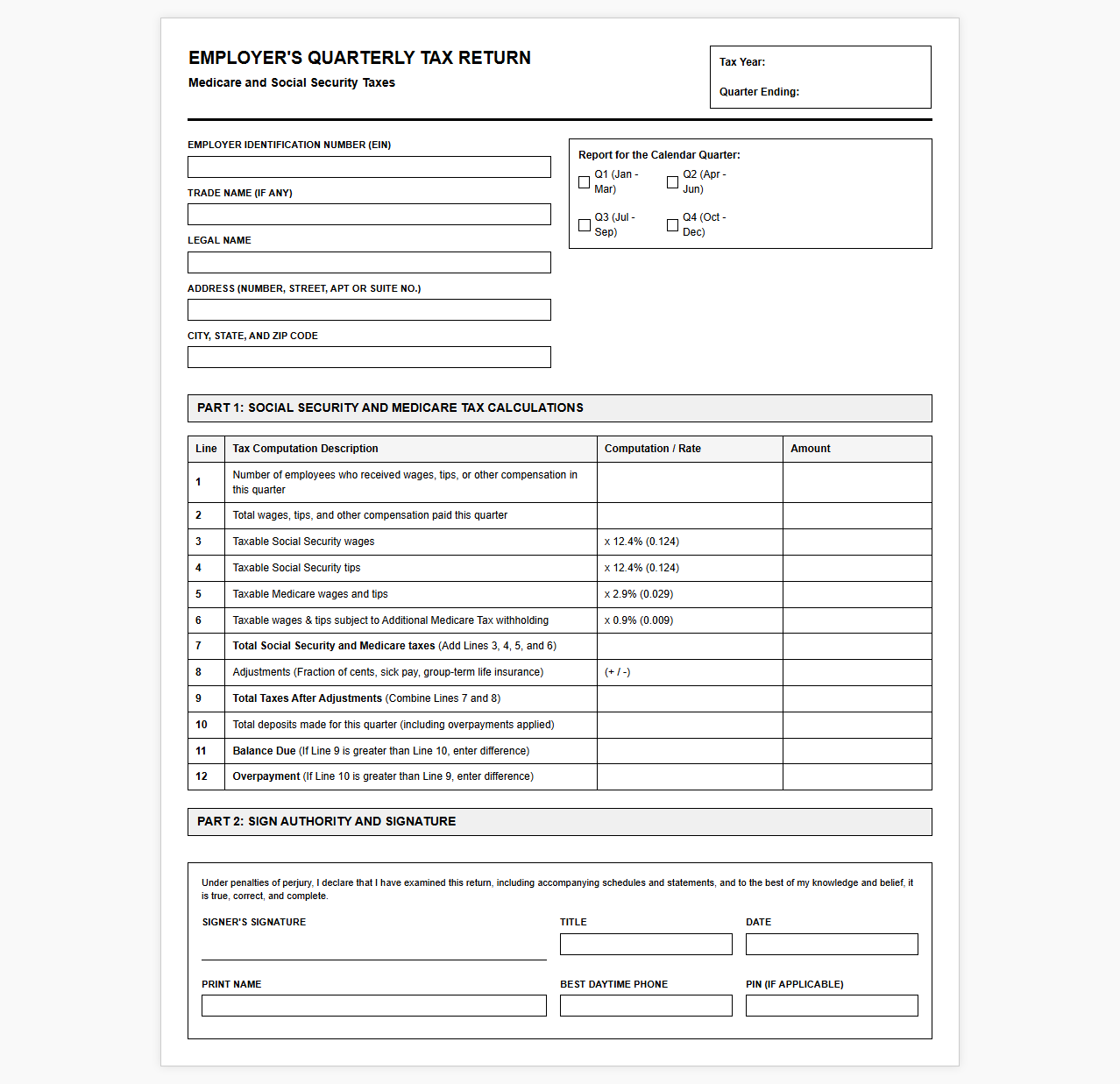 Employer Medicare and Social Security Tax Return Template