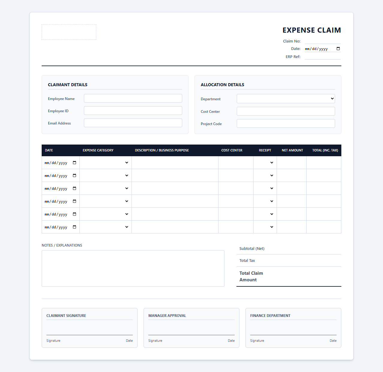Enterprise ERP Expense Claim Sheet