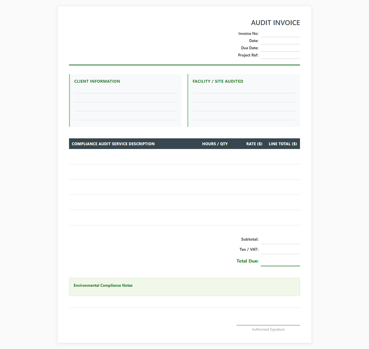 Environmental Compliance Audit Invoice Template
