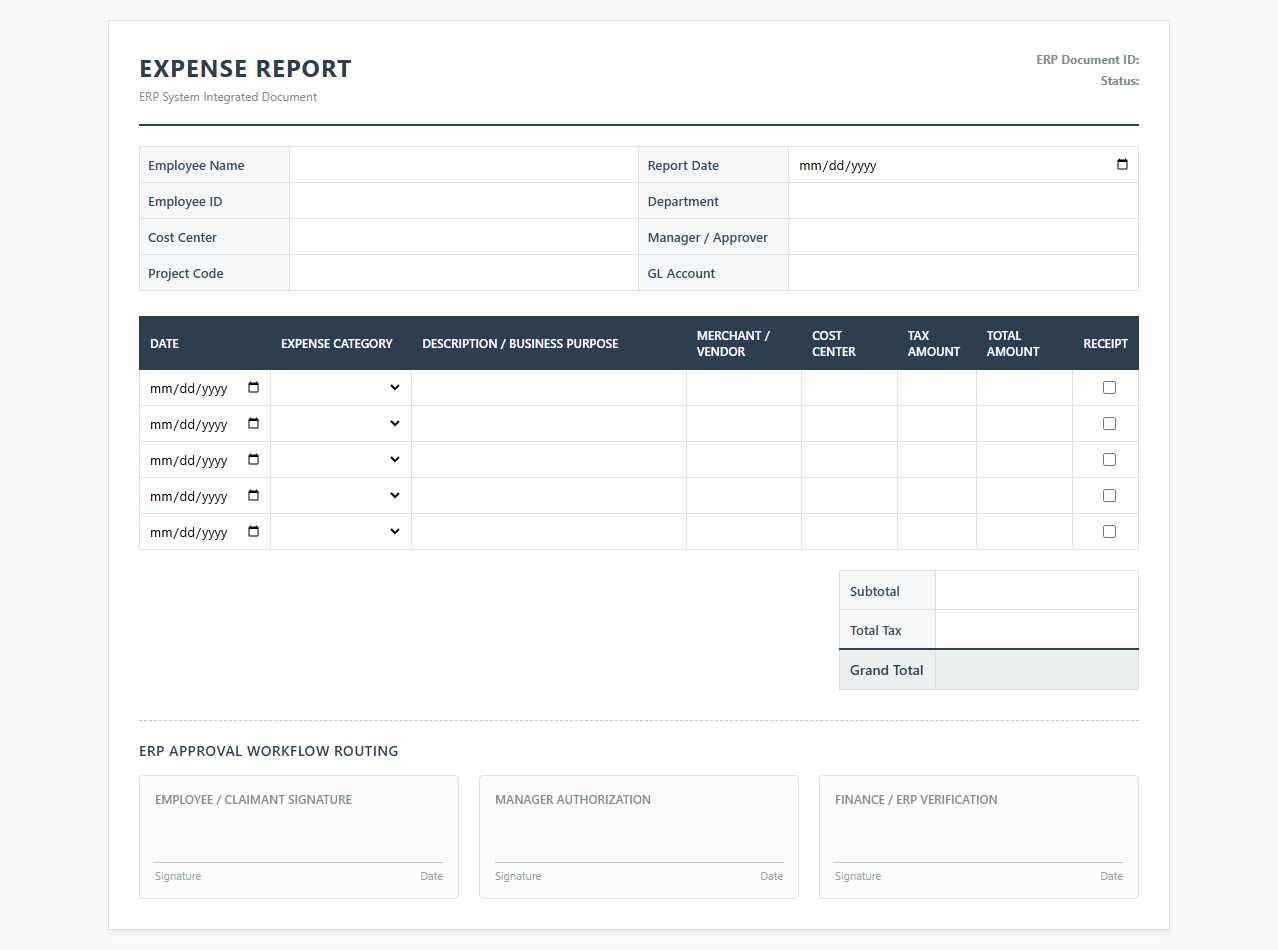 ERP Integrated Expense Report Template