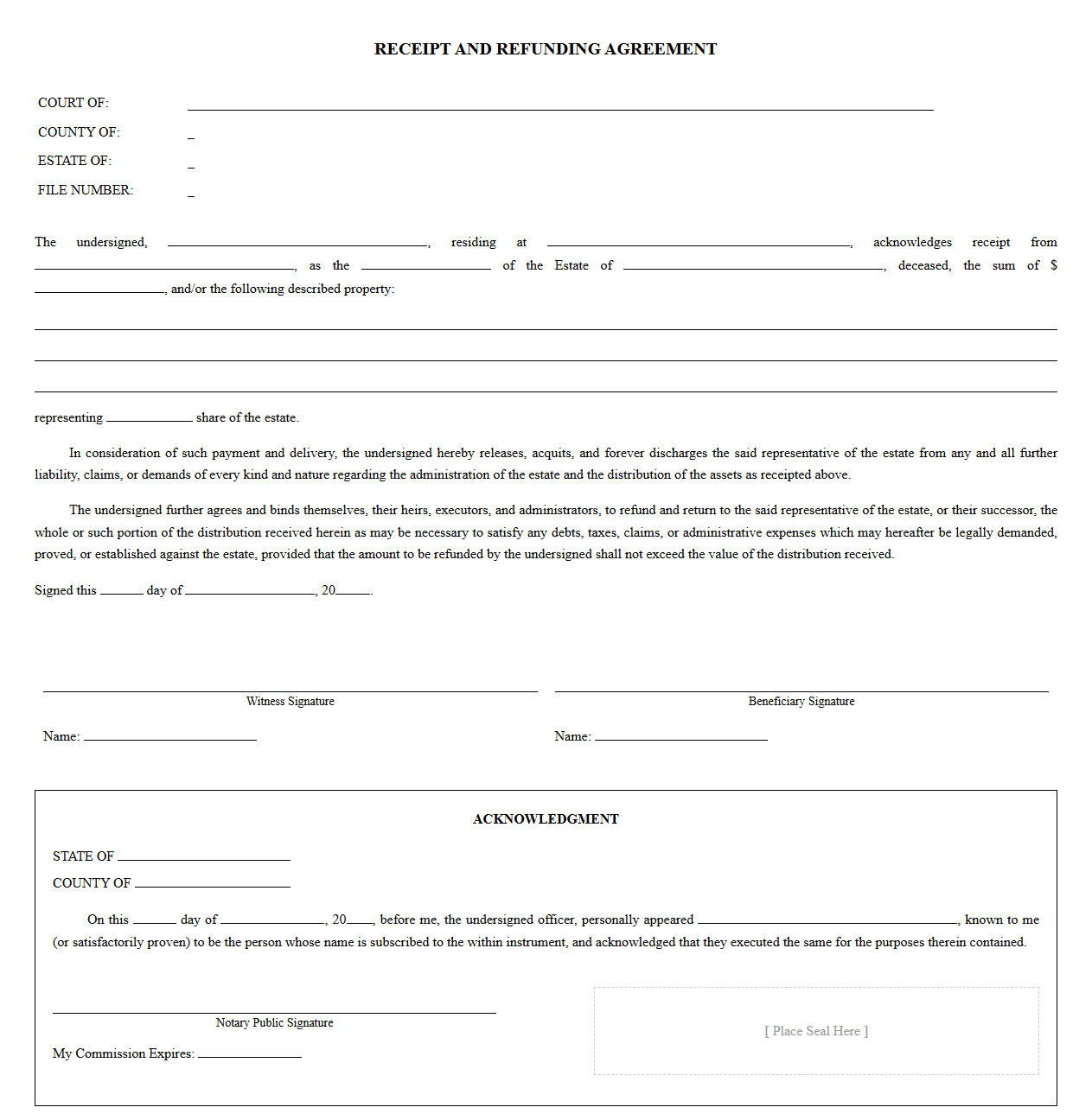 Estate Beneficiary Receipt and Refund Refunding Agreement