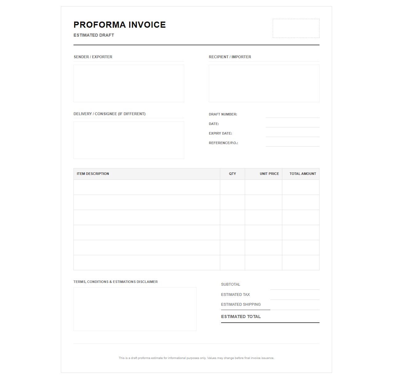 Estimated Proforma Invoice Draft