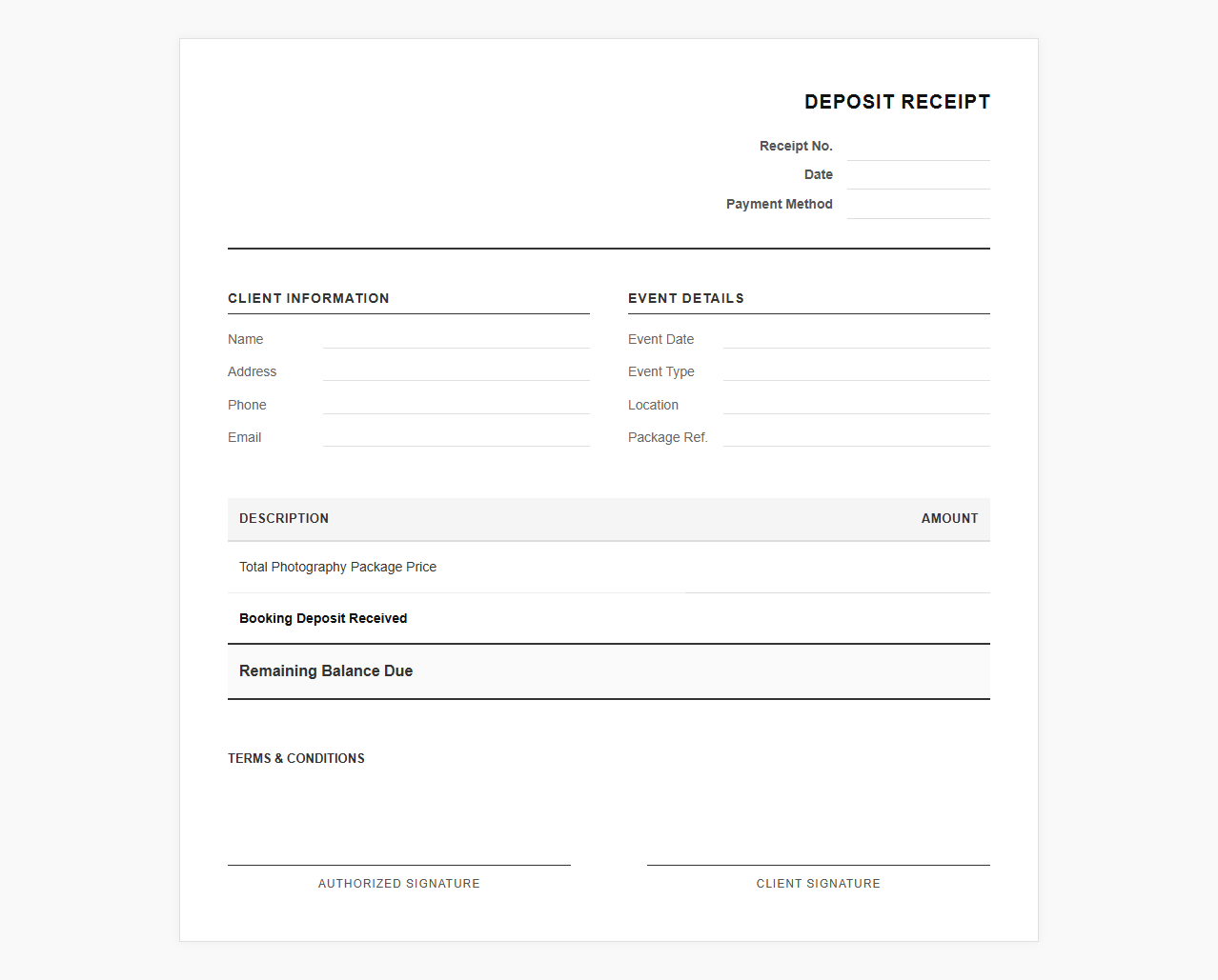 Event Photography Booking Deposit Receipt