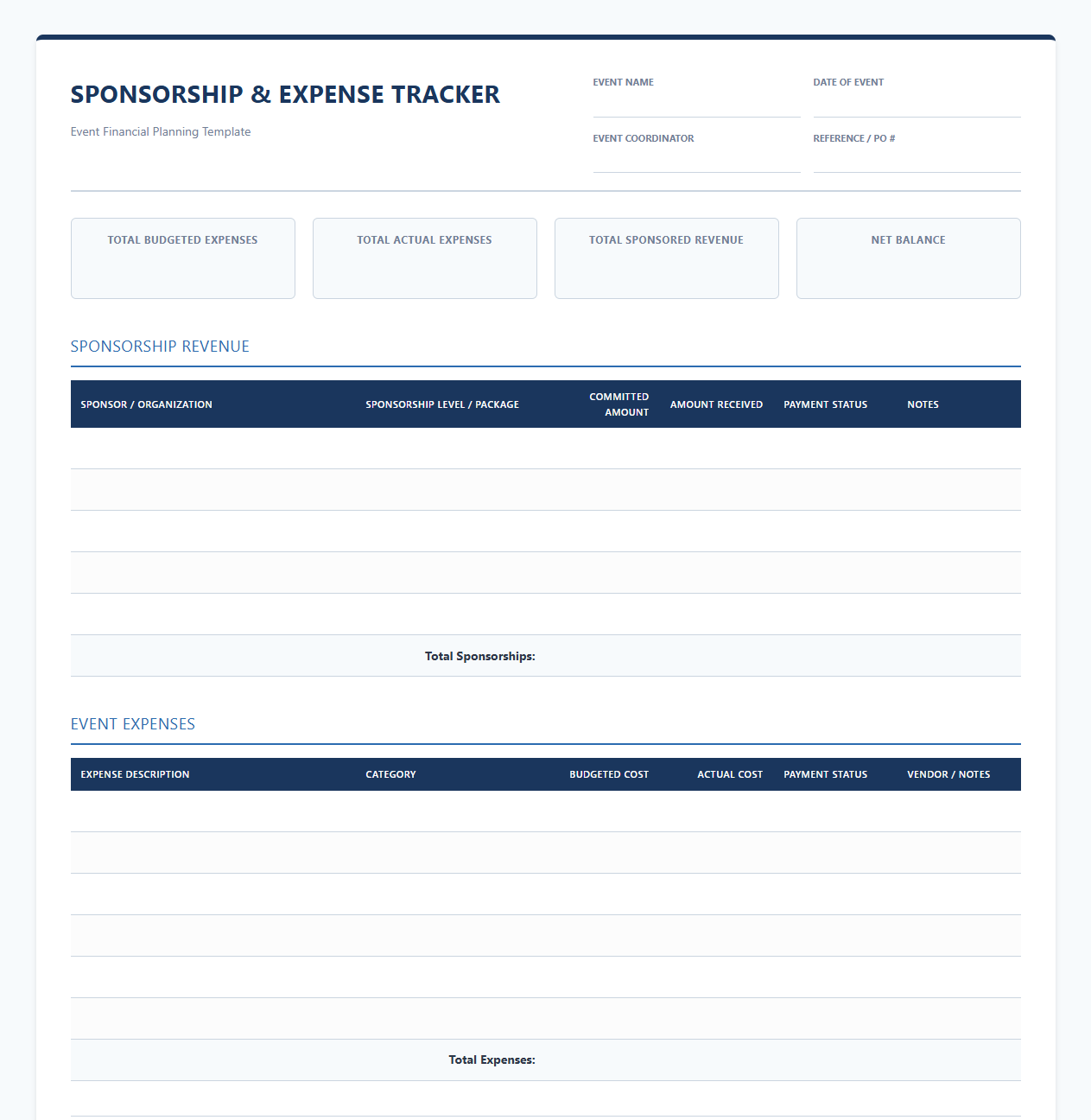 Event Sponsorship Financial Tracker Template
