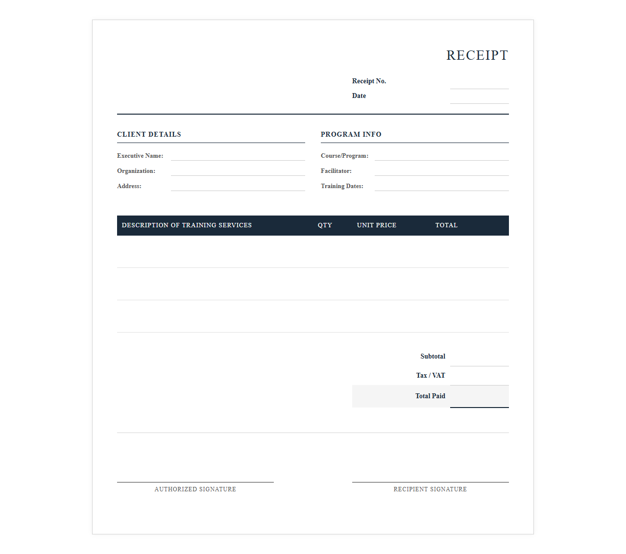 Executive Leadership Training Receipt Template
