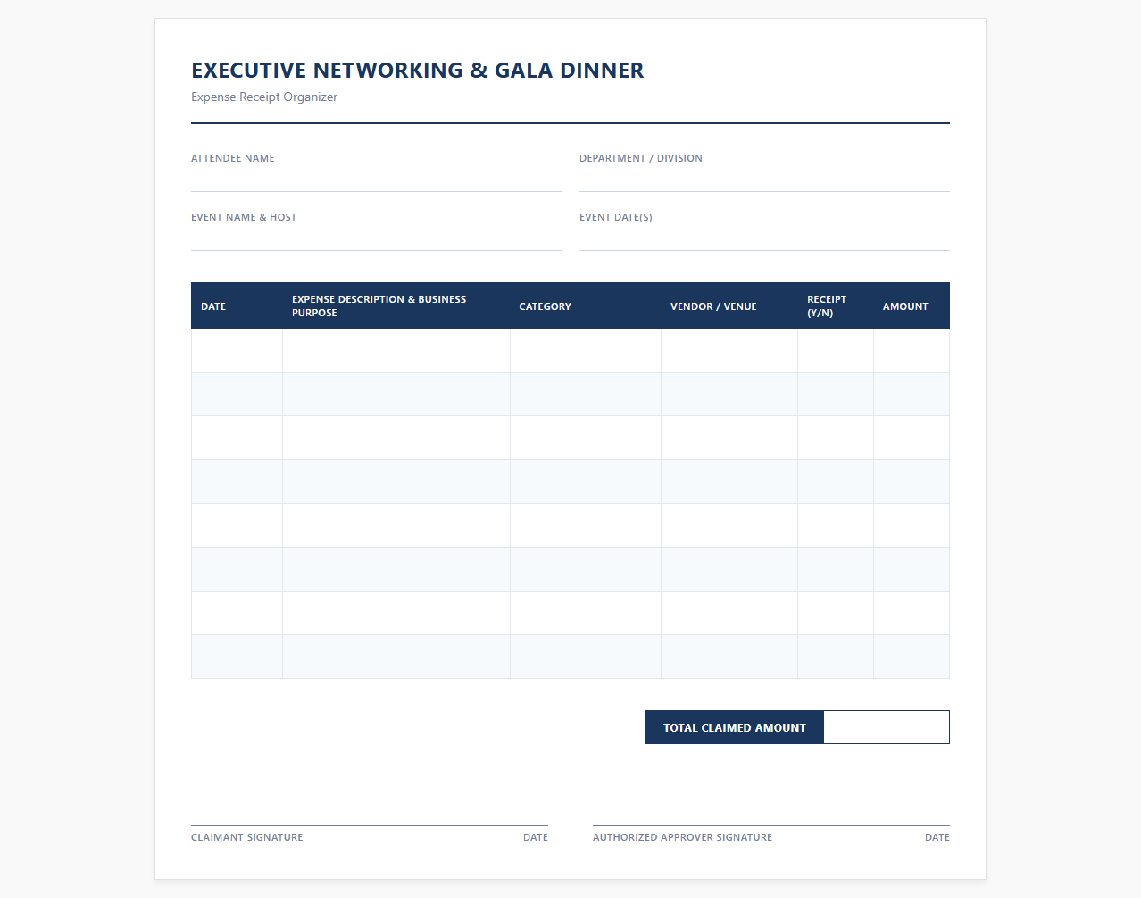 Executive Networking and Gala Dinner Expense Receipt Organizer