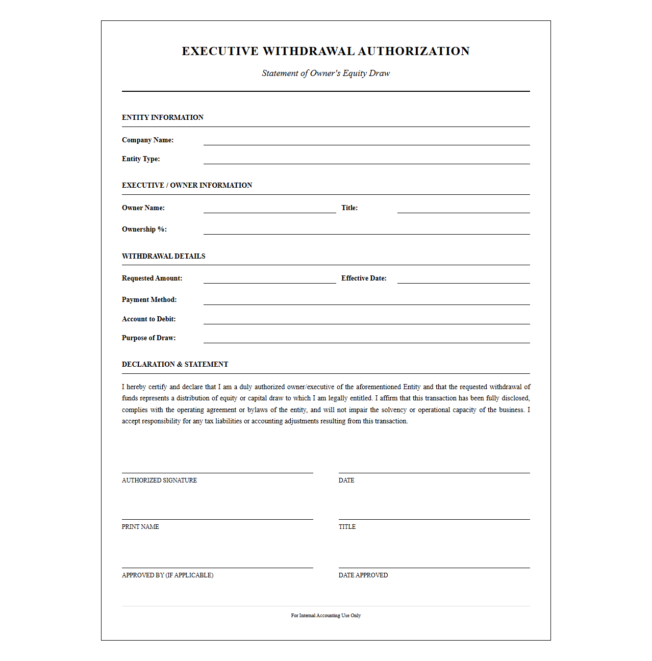 Executive Withdrawal Authorization and Statement