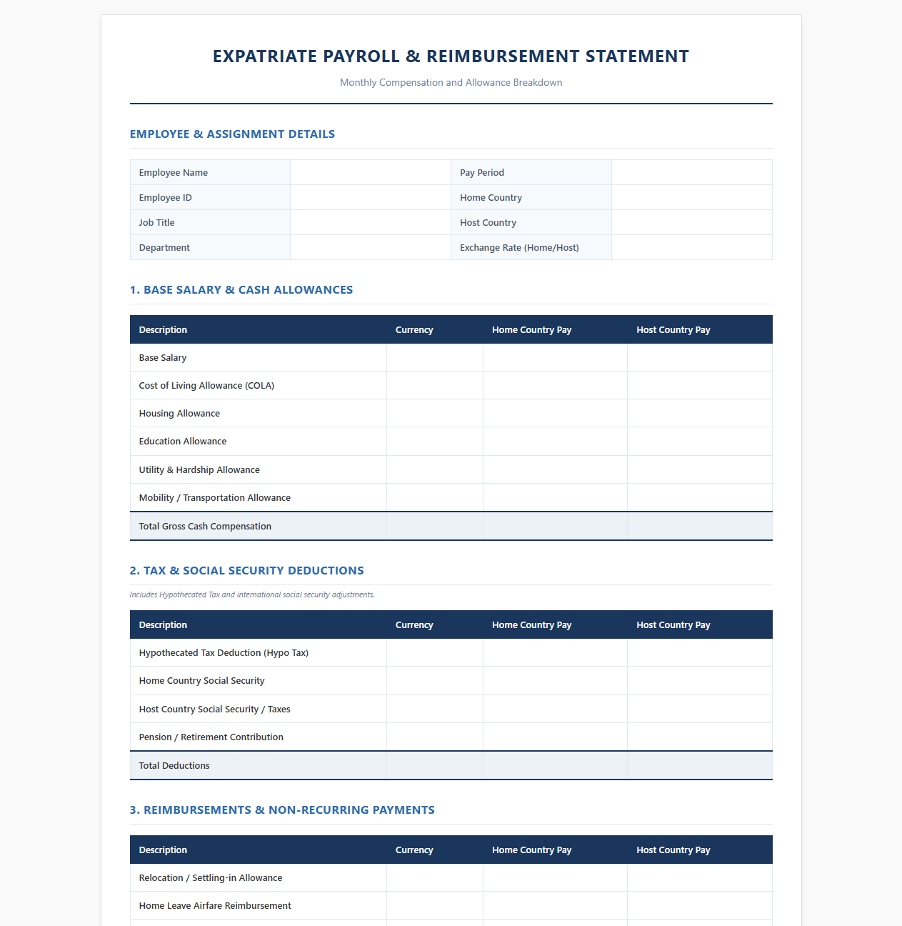 Expat Package Payroll and Reimbursement Template