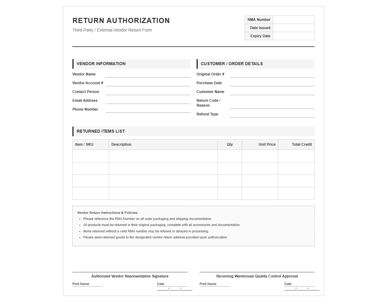 External Vendor Return Authorization Form