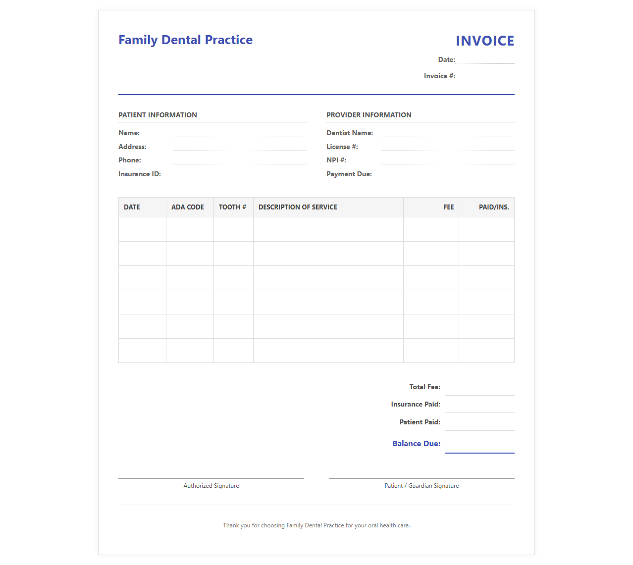 Family Dental Practice Patient Invoice