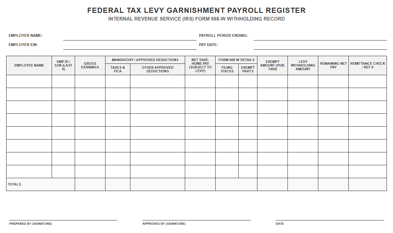 Federal Tax Levy Garnishment Payroll Register