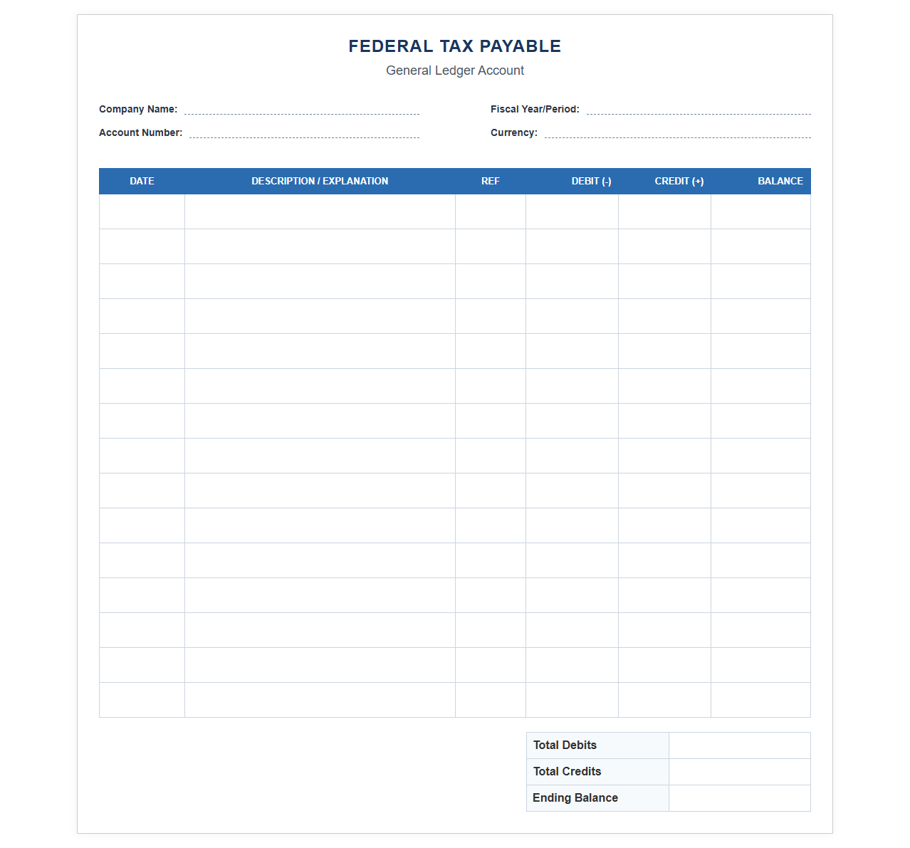 Federal Tax Payable Accounting Ledger Template