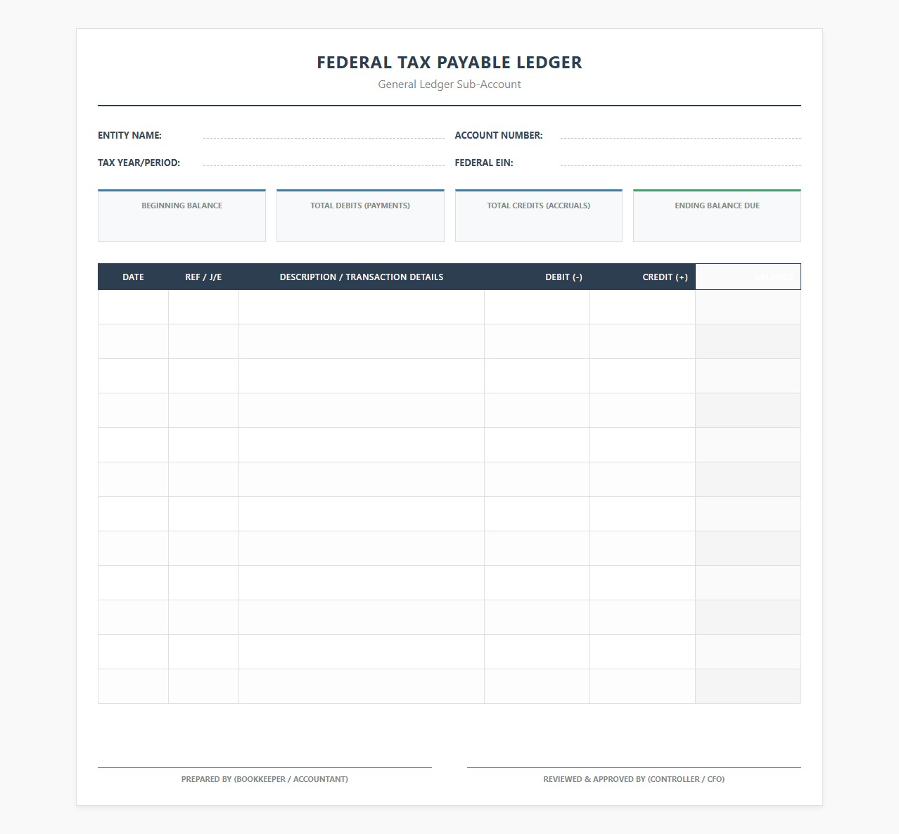 Federal Tax Payable Ledger Template