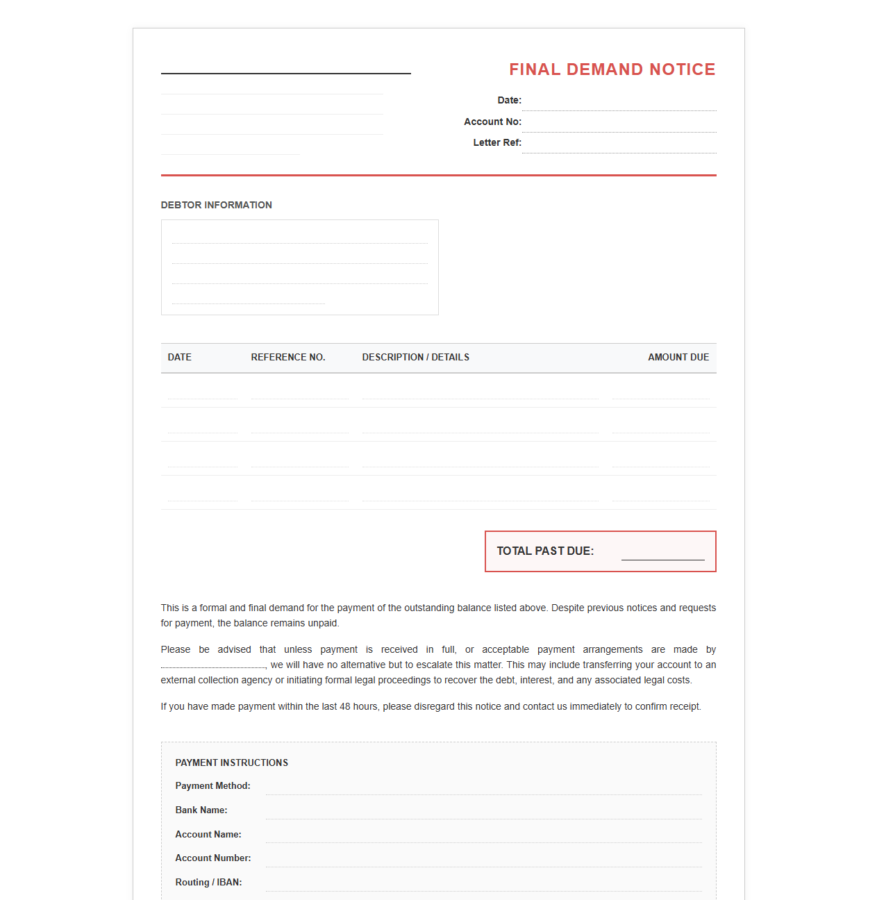 Final Demand for Payment Statement