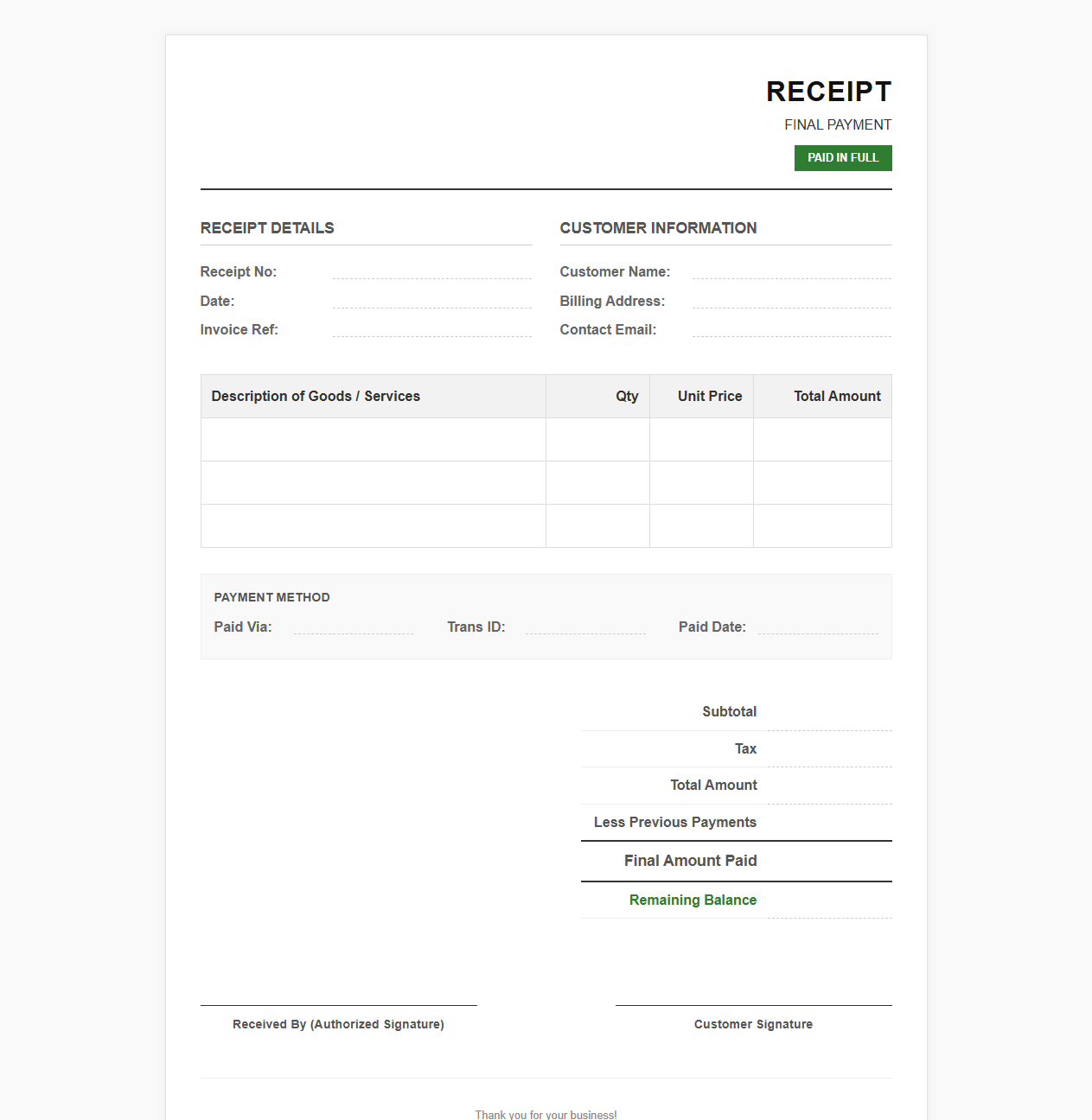 Final Invoice Payment Receipt Template