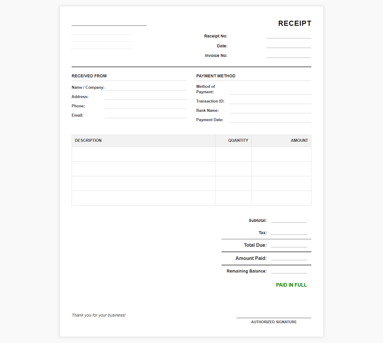 Final Payment Receipt Template