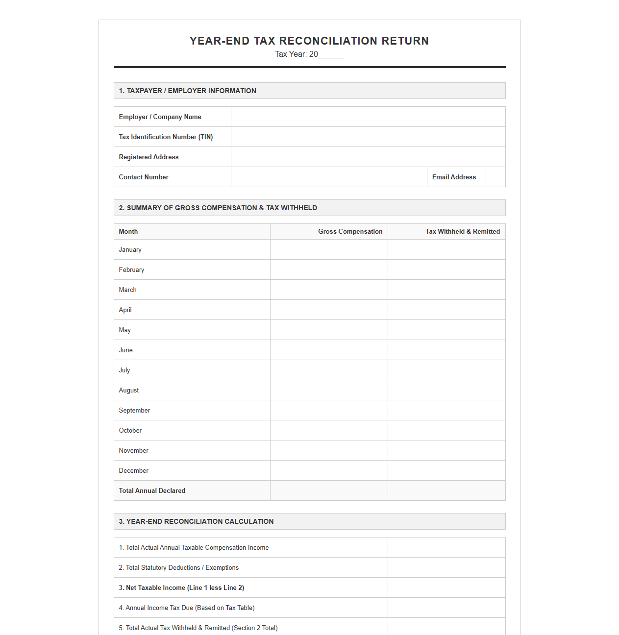 Final Year-End Tax Reconciliation Return Template