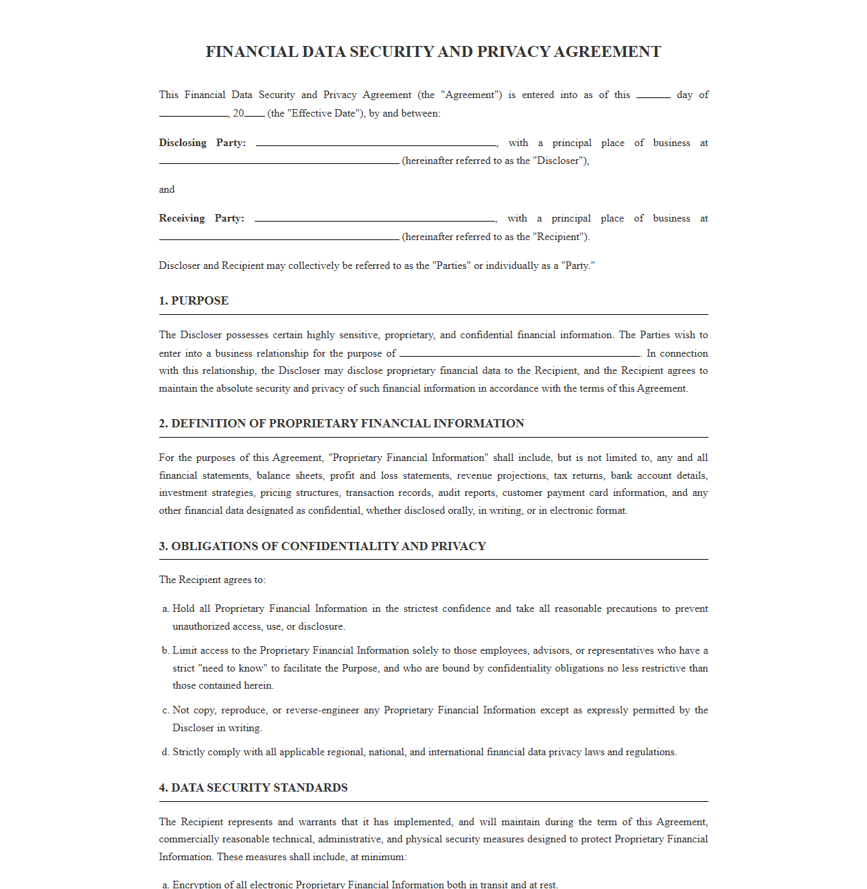 Financial Data Security and Privacy Agreement Template