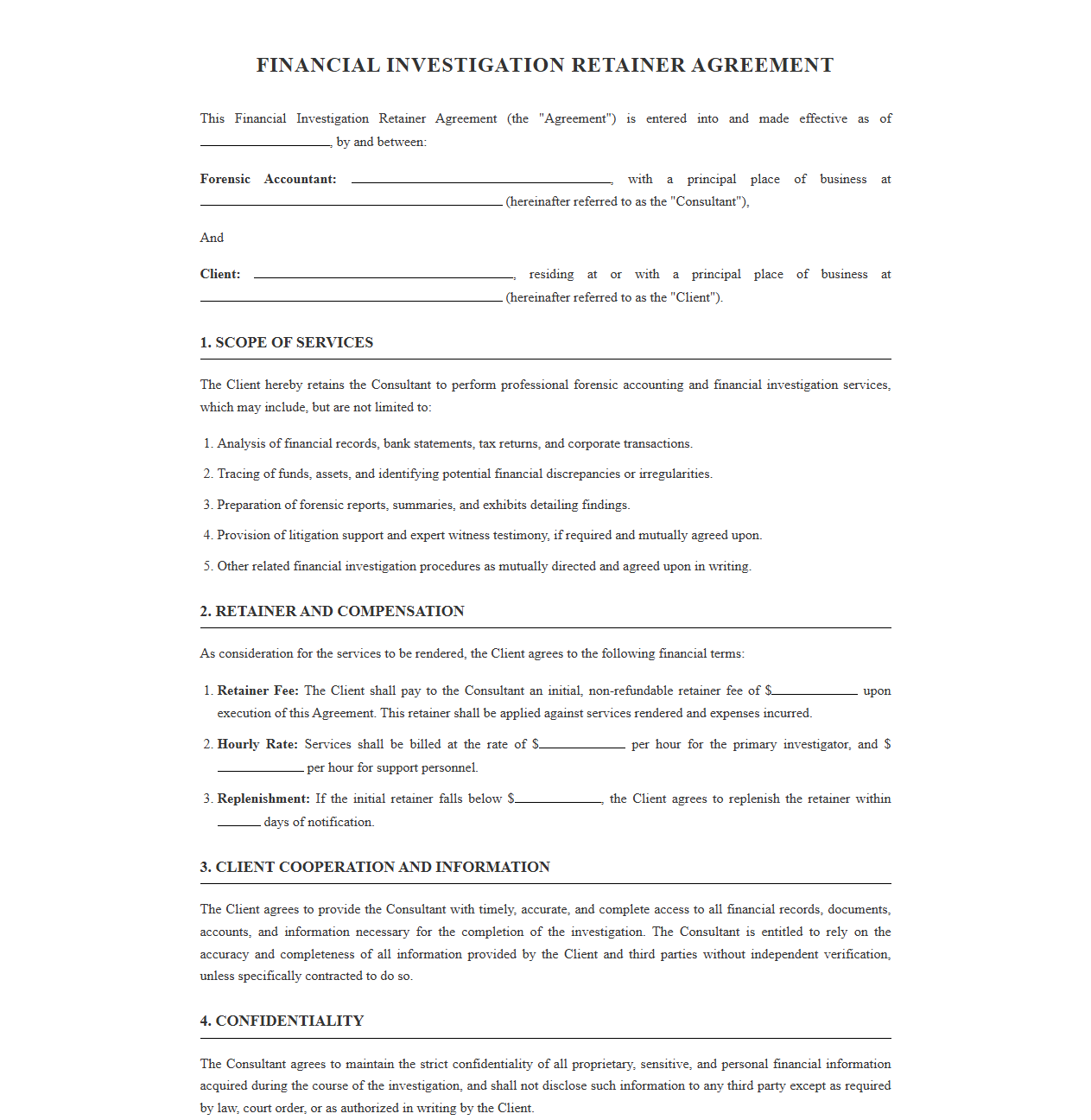Financial Investigation Retainer Agreement Template