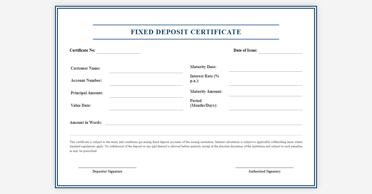 Fixed Deposit Certificate of Deposit Template