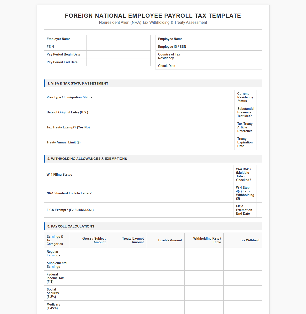 Foreign National Employee Payroll Tax Template