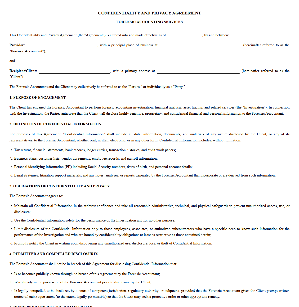 Forensic Accounting Services Confidentiality and Privacy Agreement