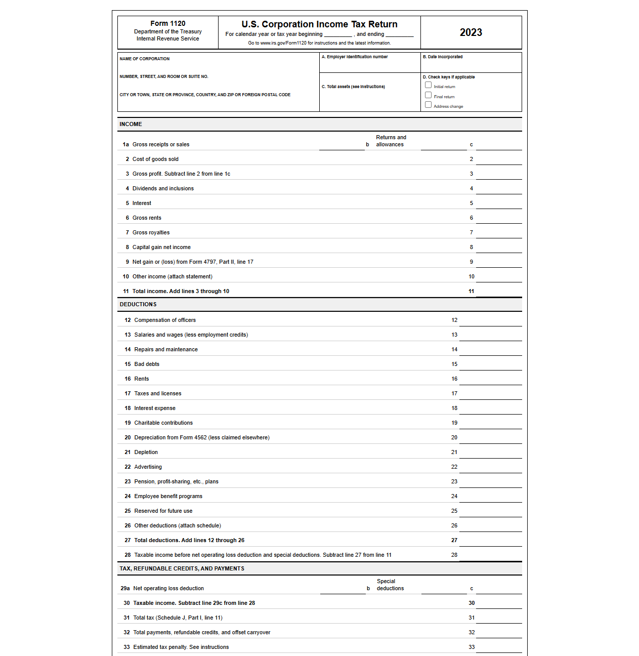 Form 1120 C Corporation Tax Return Template