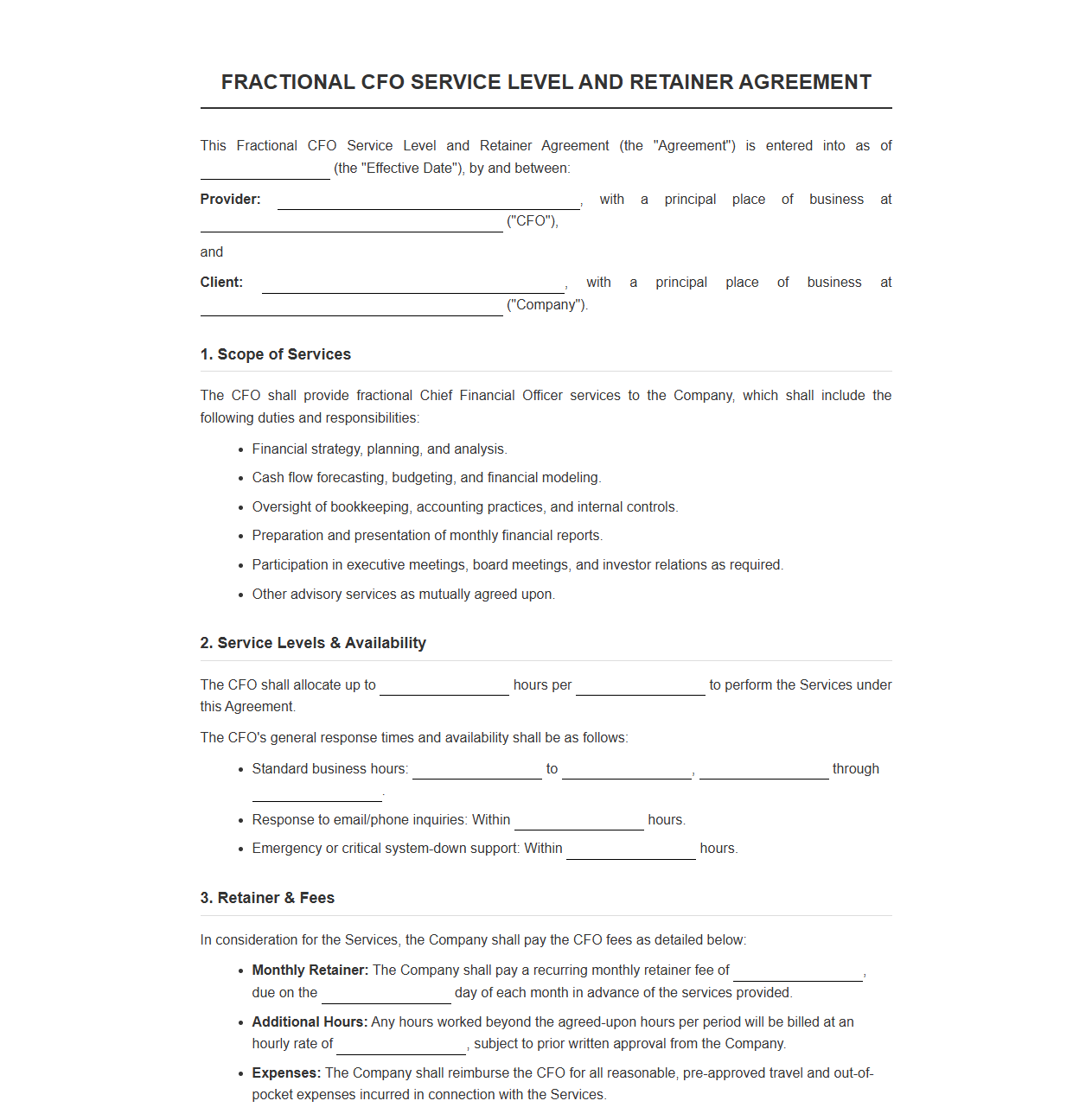 Fractional CFO Service Level and Retainer Agreement