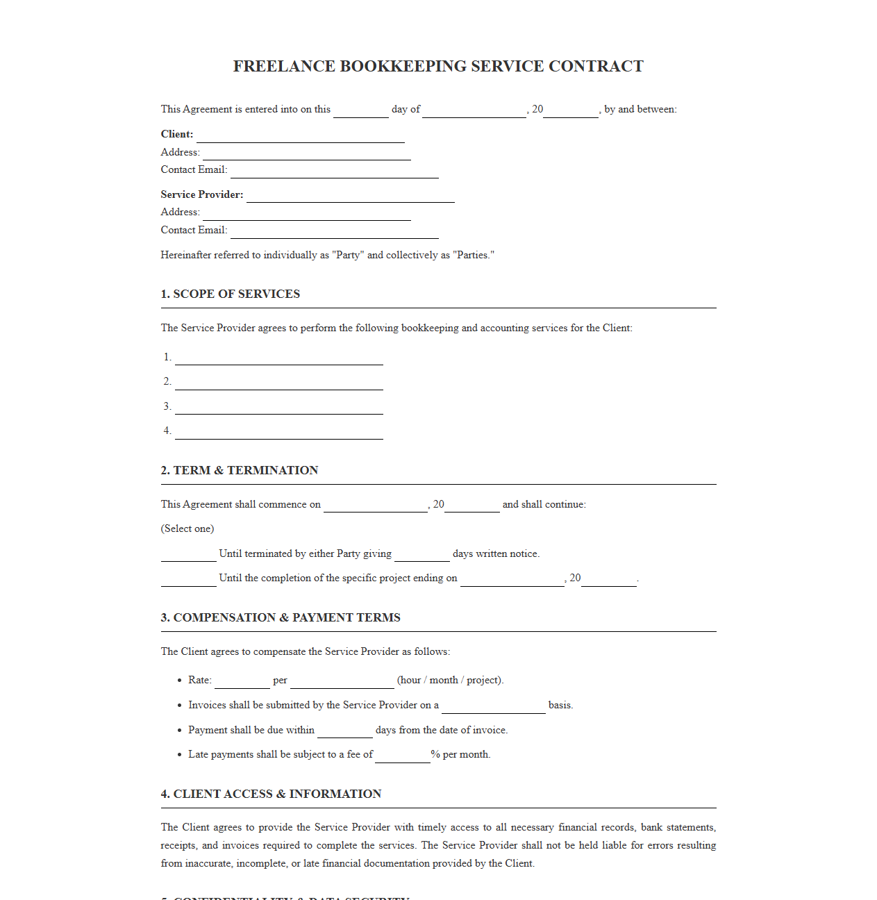 Freelance Bookkeeping Service Contract