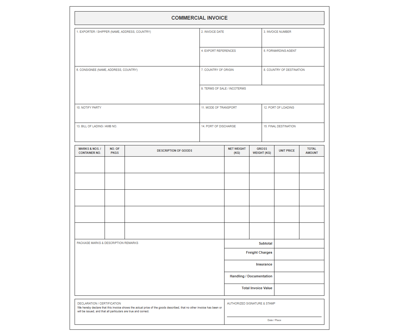 Freight Forwarder Commercial Export Invoice Template